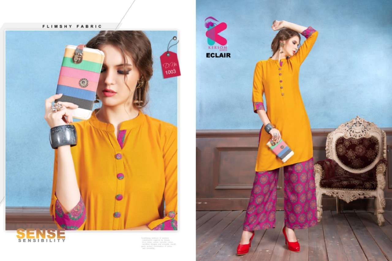 ECLAIR BY KERSOM 1001 TO 1008 SERIES STYLISH FANCY BEAUTIFUL COLORFUL CASUAL WEAR & ETHNIC WEAR HEAVY RAYON QUALITY  KURTIS AT WHOLESALE PRICE