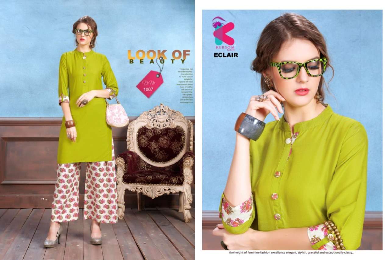 ECLAIR BY KERSOM 1001 TO 1008 SERIES STYLISH FANCY BEAUTIFUL COLORFUL CASUAL WEAR & ETHNIC WEAR HEAVY RAYON QUALITY  KURTIS AT WHOLESALE PRICE