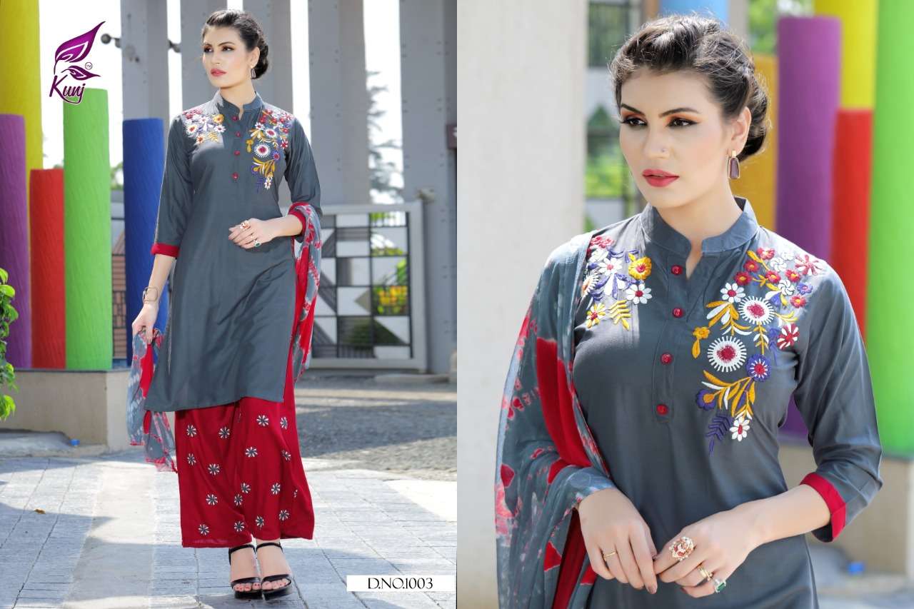 POSE BY KUNJ 1001 TO 1010 SERIES BEAUTIFUL STYLISH FANCY COLORFUL CASUAL WEAR & ETHNIC WEAR RAYON 14 KG WITH EMBROIDERY DRESSES AT WHOLESALE PRICE