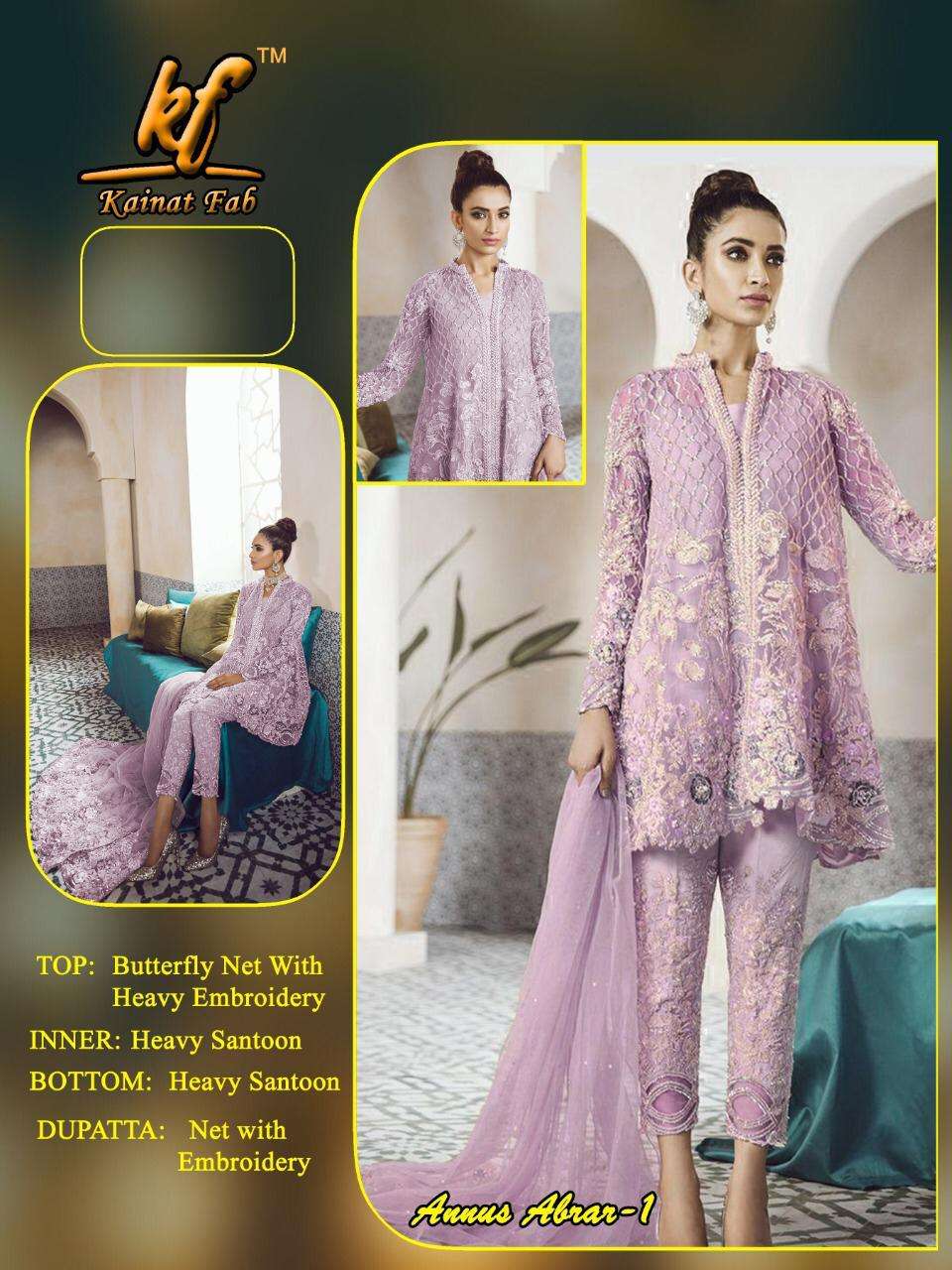 ANNUS ABRARA BY KAINAT FAB 01 TO 05 SERIES PAKISTANI SUITS BEAUTIFUL FANCY COLORFUL STYLISH PARTY WEAR & OCCASIONAL WEAR NET / PURE SANTOON HEAVY EMBROIDERED DRESSES AT WHOLESALE PRICE