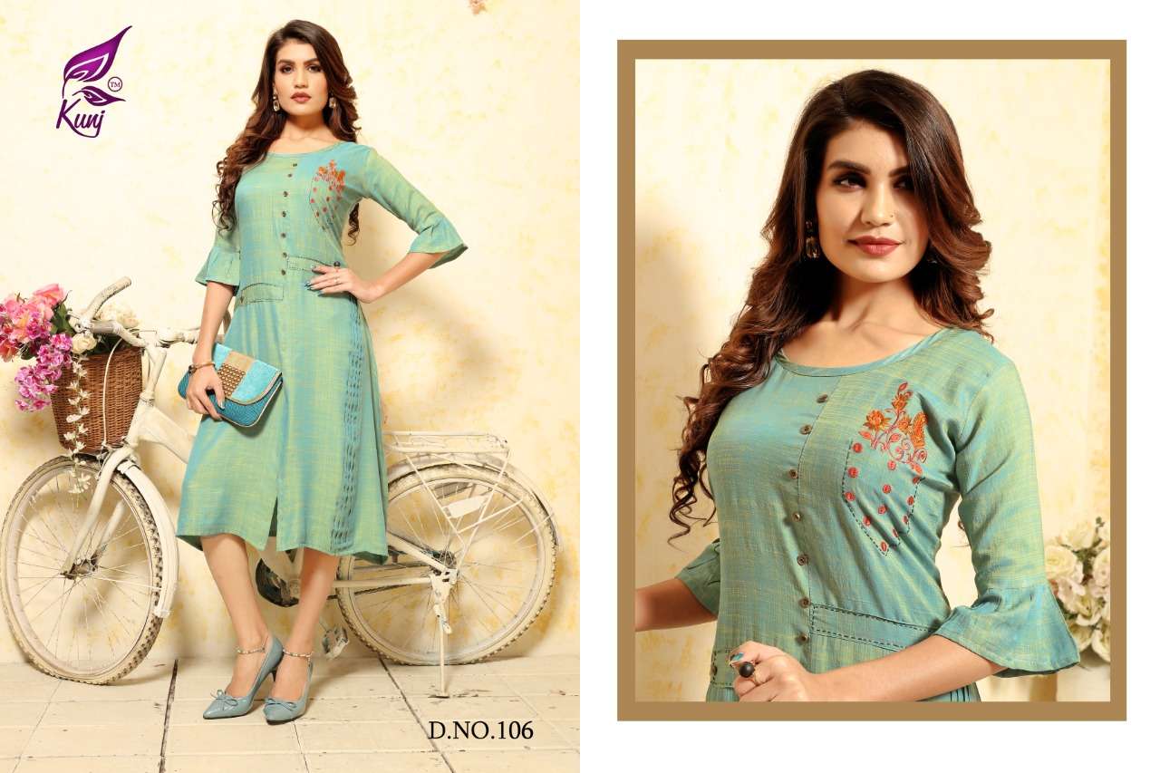 SILK BY KUNJ 101 TO 108 SERIES BEAUTIFUL COLORFUL STYLISH FANCY CASUAL WEAR & ETHNIC WEAR & READY TO WEAR RAYON SILK KURTIS AT WHOLESALE PRICE