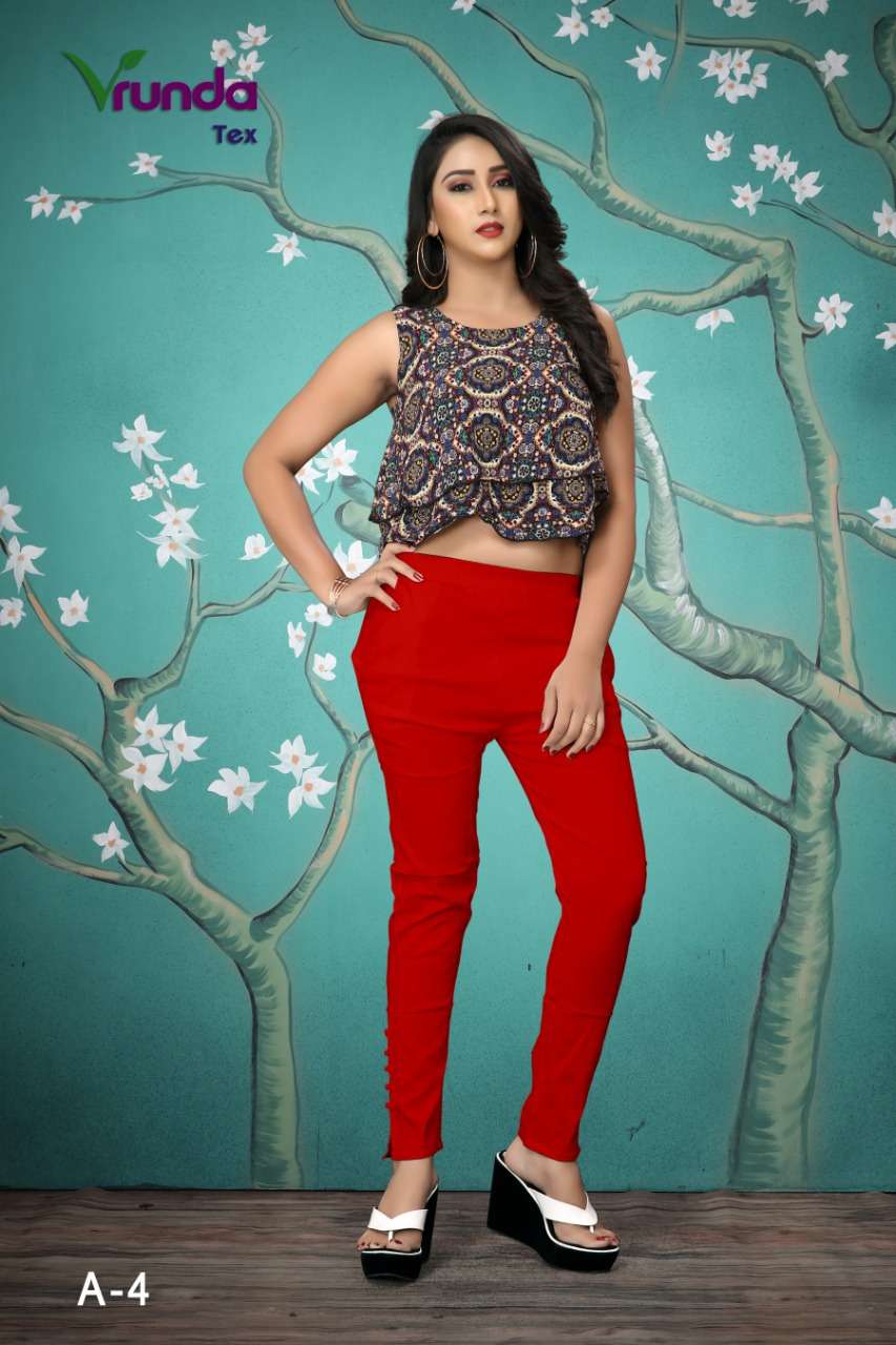 VT LADY PANTS  BY VRUNDA TEX A-1 TO A-8 SERIES BEAUTIFUL STYLISH COLORFUL FANCY PARTY WEAR & ETHNIC WEAR & READY TO WEAR RAYON SLUB LAYCRA PANTS AT WHOLESALE PRICE