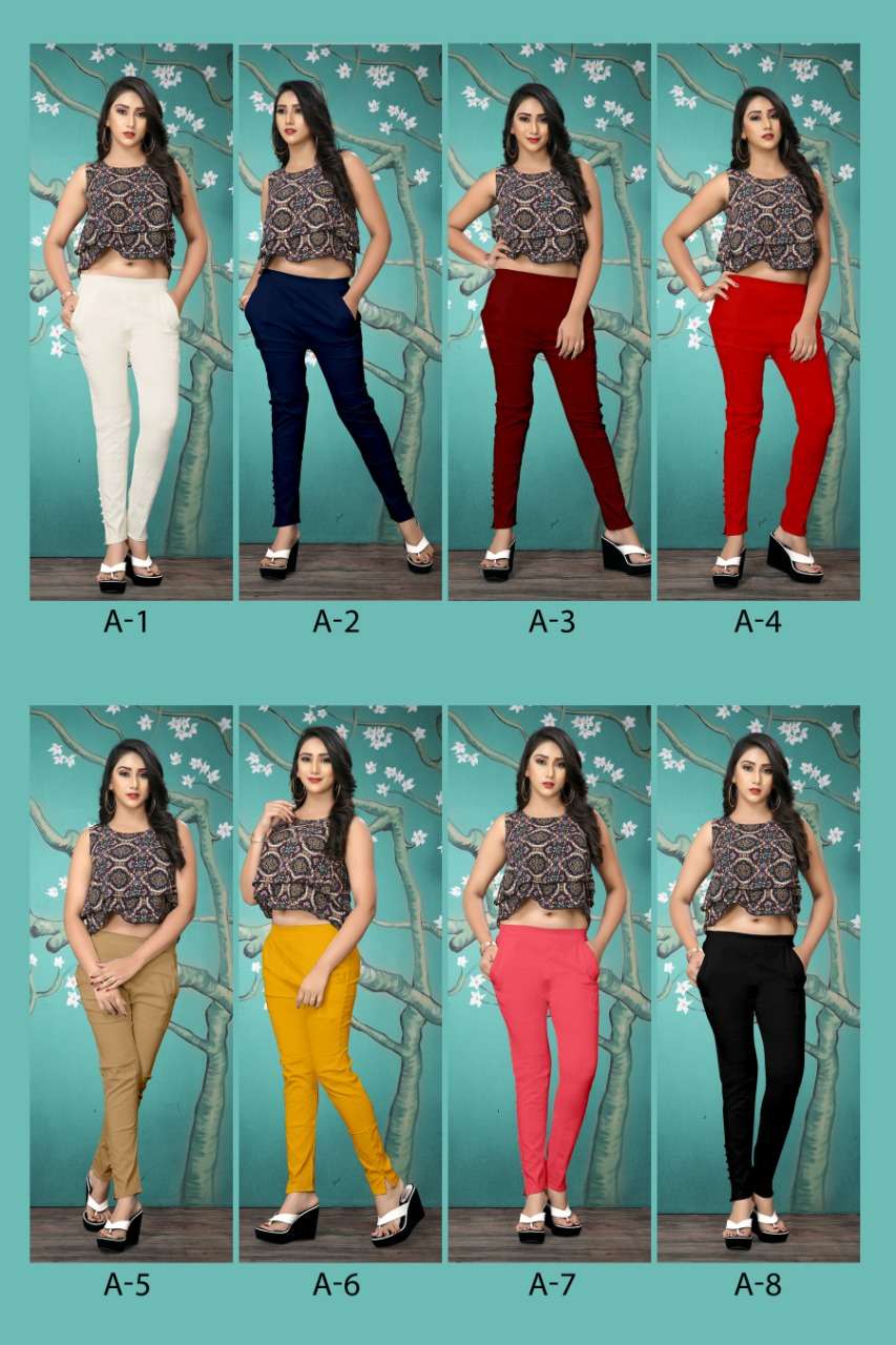 VT LADY PANTS  BY VRUNDA TEX A-1 TO A-8 SERIES BEAUTIFUL STYLISH COLORFUL FANCY PARTY WEAR & ETHNIC WEAR & READY TO WEAR RAYON SLUB LAYCRA PANTS AT WHOLESALE PRICE