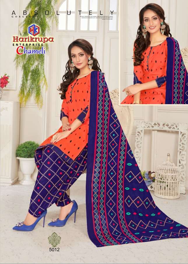 CHAMELI VOL-5 BY HARIKRUPA 5001 TO 5012 SERIES DESIGNER FESTIVE SUITS COLLECTION BEAUTIFUL STYLISH FANCY COLORFUL PARTY WEAR & OCCASIONAL WEAR COTTON PRINTED DRESSES AT WHOLESALE PRICE