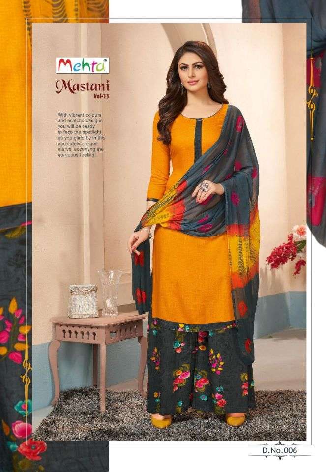 MASTANI VOL-13 BY MEHTA 001 TO 008 SERIES DESIGNER FESTIVE SUITS COLLECTION BEAUTIFUL STYLISH FANCY COLORFUL PARTY WEAR & OCCASIONAL WEAR RAYON SLEF PRINTED DRESSES AT WHOLESALE PRICE