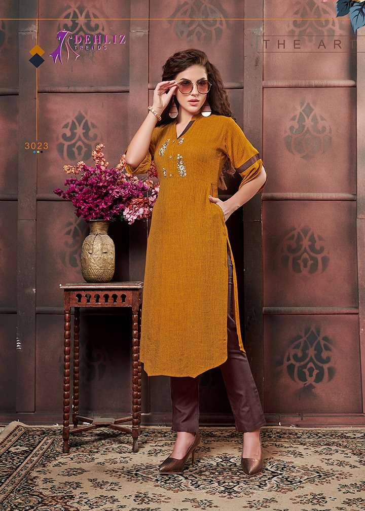 AANGI BY DEHLIZ TRENDZ 3020 TO 3025 SERIES BEAUTIFUL COLORFUL STYLISH FANCY CASUAL WEAR & ETHNIC WEAR & READY TO WEAR RAYON DUPLEX HEAVY FABRIC KURTIS AT WHOLESALE PRICE