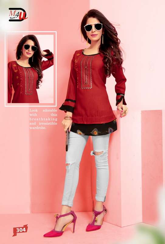 ATTITUDE VOL-2 BY M4U 301 TO 309 SERIES BEAUTIFUL COLORFUL STYLISH FANCY CASUAL WEAR & READY TO WEAR MILANGE AND COTTON PRINTED TOPS AT WHOLESALE PRICE