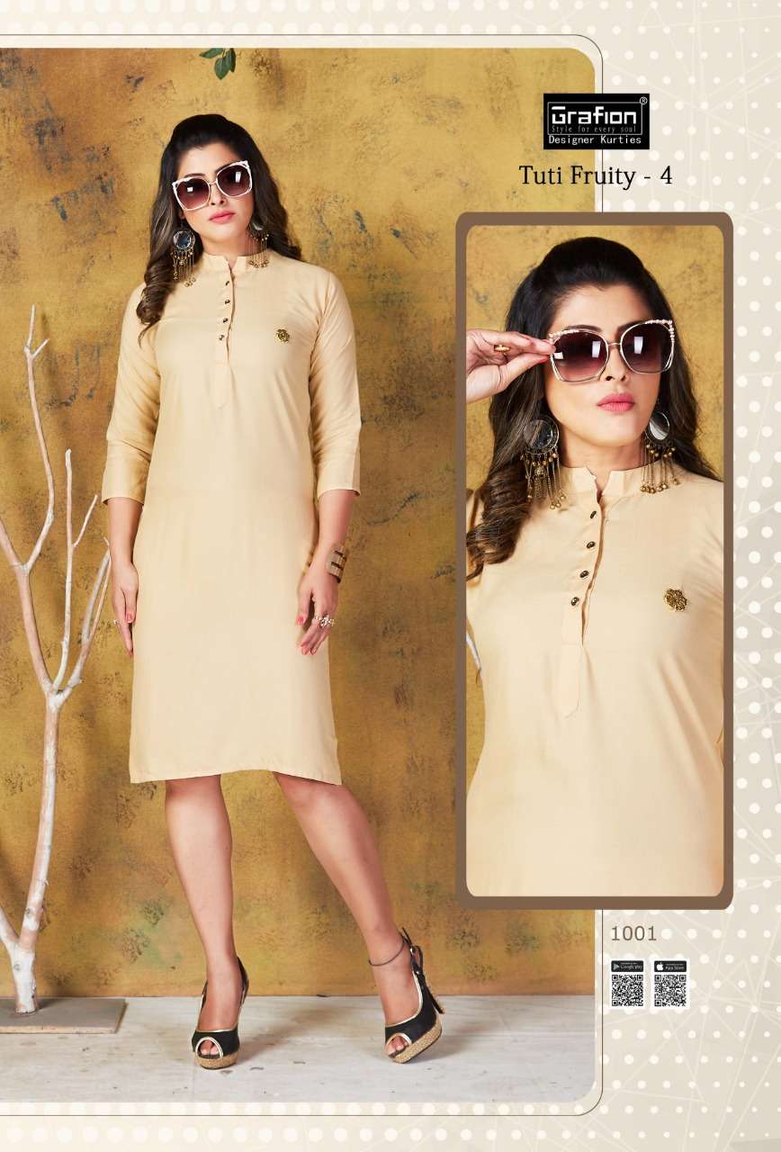 TUTY FRUITY VOL-4 BY GRAFION 1001 TO 1010 SERIES BEAUTIFUL COLORFUL STYLISH FANCY CASUAL WEAR & ETHNIC WEAR & READY TO WEAR HEAVY RAYON KURTIS AT WHOLESALE PRICE