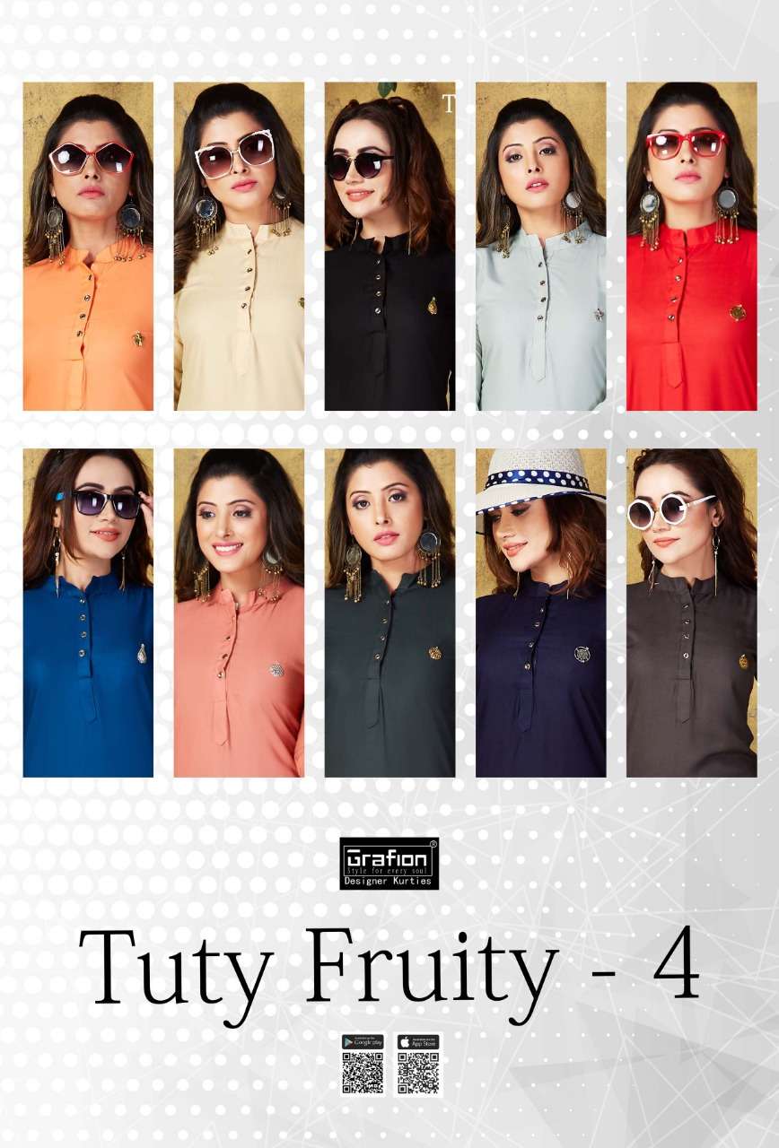 TUTY FRUITY VOL-4 BY GRAFION 1001 TO 1010 SERIES BEAUTIFUL COLORFUL STYLISH FANCY CASUAL WEAR & ETHNIC WEAR & READY TO WEAR HEAVY RAYON KURTIS AT WHOLESALE PRICE