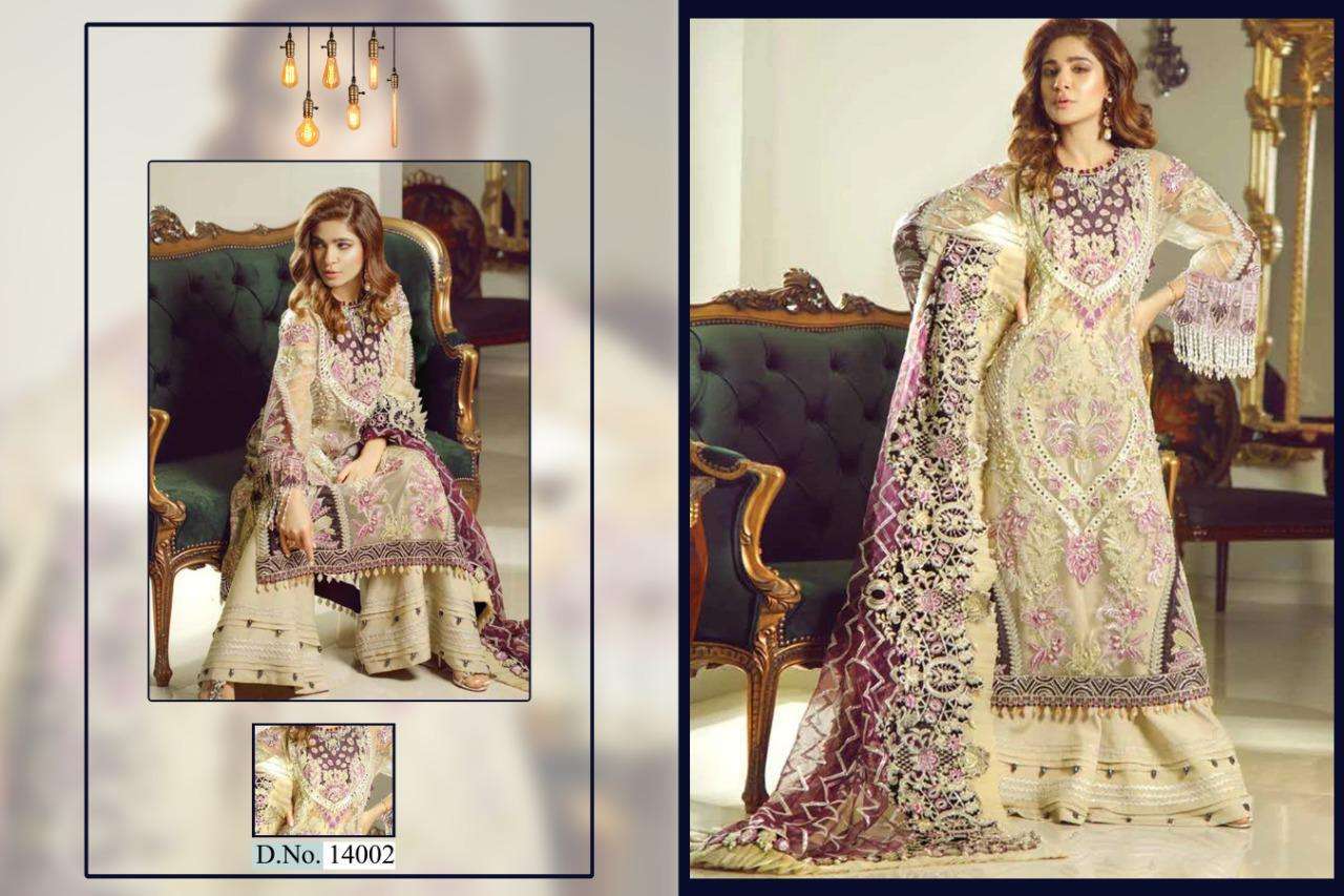 SHAKINA  BY CYRA FASHION 14001 TO 14004 SERIES BY DESIGNER PAKISTANI SUITS COLLECTION BEAUTIFUL STYLISH FANCY COLORFUL PARTY WEAR & OCCASIONAL WEAR FAUX GEORGETTE WITH EMBROIDERY DRESSES AT WHOLESALE PRICE