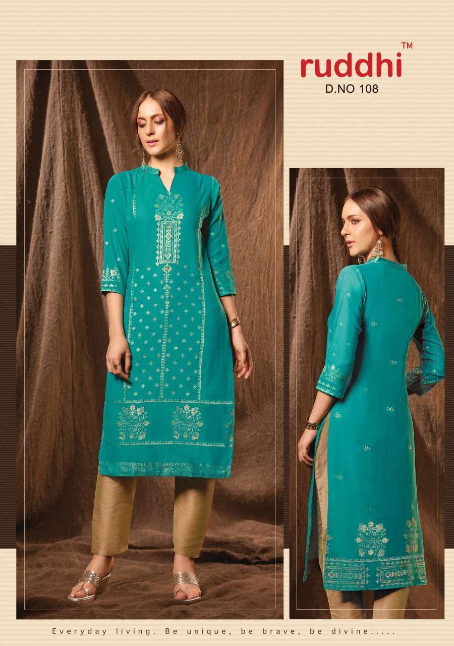 GRACE VOL-2 BY RUDDHI DRESSLINE 101 TO 108 SERIES BEAUTIFUL STYLISH FANCY COLORFUL CASUAL WEAR & ETHNIC WEAR & READY TO WEAR PURE RAYON FOIL KURTIS WITH BOTTOM AT WHOLESALE PRICE