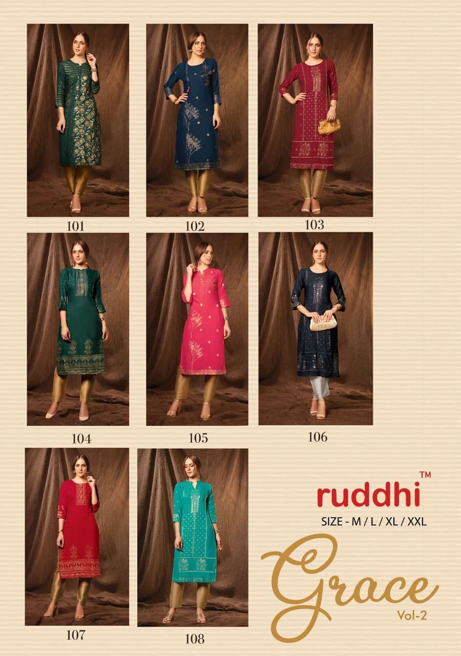 GRACE VOL-2 BY RUDDHI DRESSLINE 101 TO 108 SERIES BEAUTIFUL STYLISH FANCY COLORFUL CASUAL WEAR & ETHNIC WEAR & READY TO WEAR PURE RAYON FOIL KURTIS WITH BOTTOM AT WHOLESALE PRICE