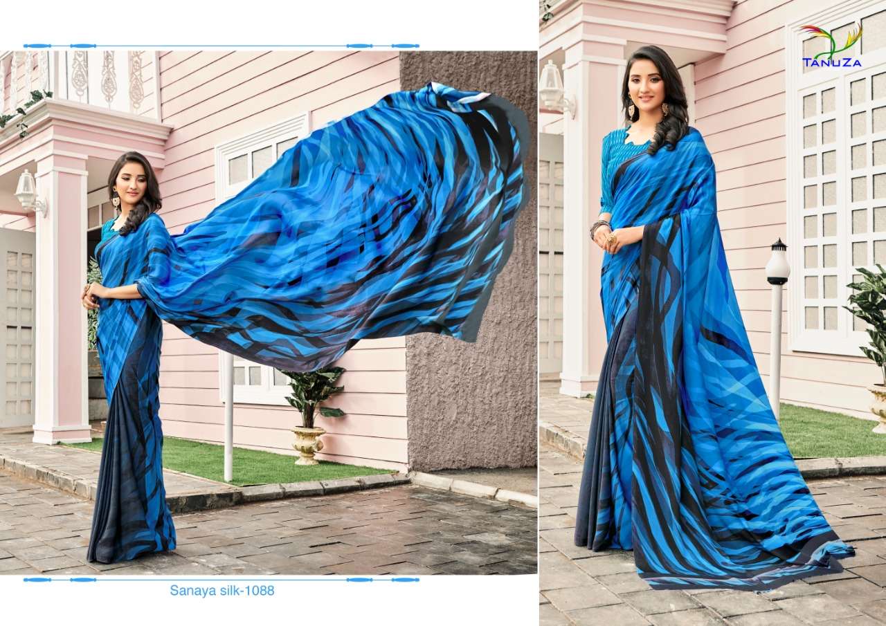 SANAYA SILK BY TANUZA FASHION 1088 TO 1098 SERIES INDIAN TRADITIONAL WEAR COLLECTION BEAUTIFUL STYLISH FANCY COLORFUL PARTY WEAR & OCCASIONAL WEAR PURE CREPE DIGITAL PRINTED SAREES AT WHOLESALE PRICE
