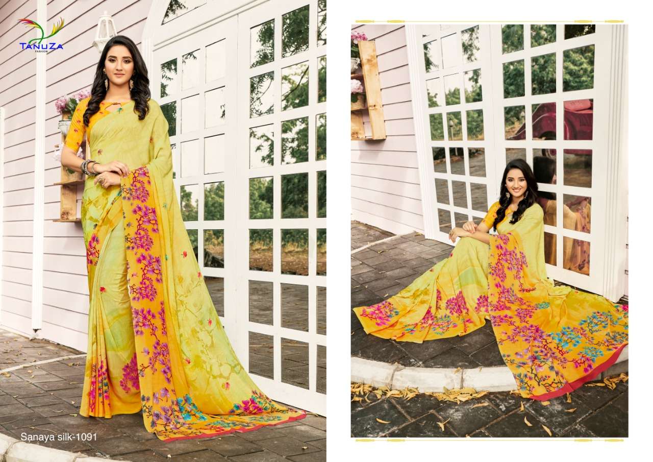 SANAYA SILK BY TANUZA FASHION 1088 TO 1098 SERIES INDIAN TRADITIONAL WEAR COLLECTION BEAUTIFUL STYLISH FANCY COLORFUL PARTY WEAR & OCCASIONAL WEAR PURE CREPE DIGITAL PRINTED SAREES AT WHOLESALE PRICE