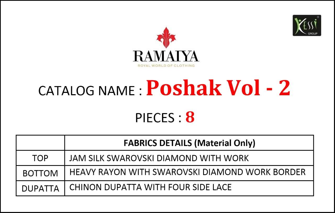 POSHAK VOL-2 BY RAMAIYA 11011 TO 11018 SERIES DESIGNER SHARARA SUITS COLLECTION BEAUTIFUL STYLISH FANCY COLORFUL PARTY WEAR & OCCASIONAL WEAR JAM SILK SARWOSKI DIAMOND DRESSES AT WHOLESALE PRICE