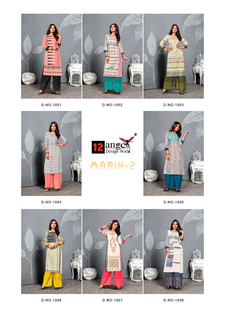 MARIN VOL-2 BY 12 ANGEL 1001 TO 1008 SERIES STYLISH FANCY COLORFUL COLLECTION CASUAL WEAR & ETHNIC WEAR PURE RAYON DIGITAL PRINTED KURTIS WITH BOTTOM AT WHOLESALE PRICE