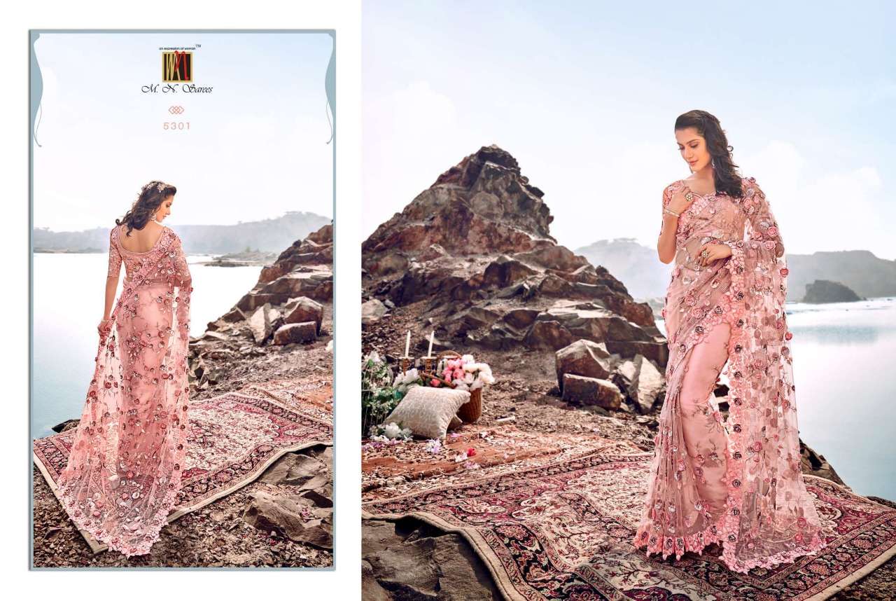 SWAROVSKI BY M.N. SAREES 5301 TO 5317 SERIES INDIAN TRADITIONAL WEAR COLLECTION BEAUTIFUL STYLISH FANCY COLORFUL PARTY WEAR & OCCASIONAL WEAR NET/KOREAN SAREES AT WHOLESALE PRICE