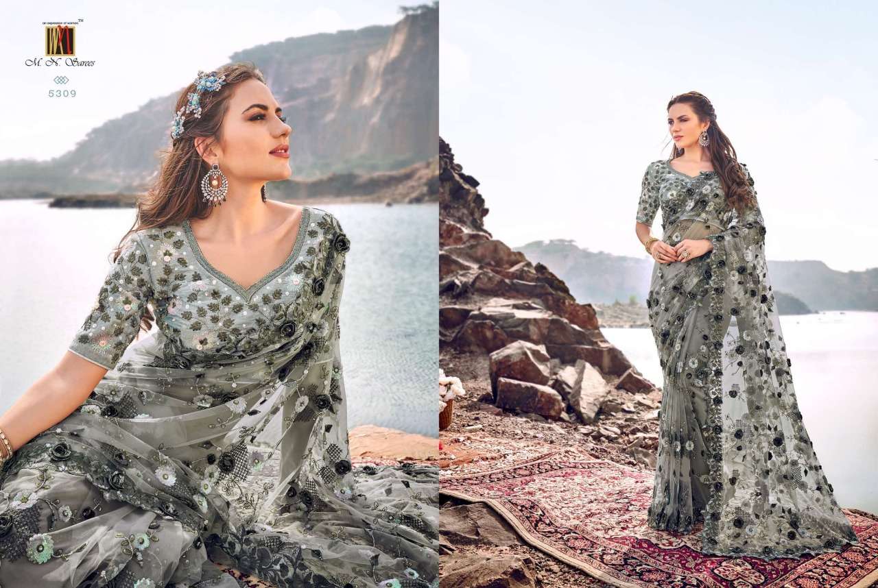SWAROVSKI BY M.N. SAREES 5301 TO 5317 SERIES INDIAN TRADITIONAL WEAR COLLECTION BEAUTIFUL STYLISH FANCY COLORFUL PARTY WEAR & OCCASIONAL WEAR NET/KOREAN SAREES AT WHOLESALE PRICE
