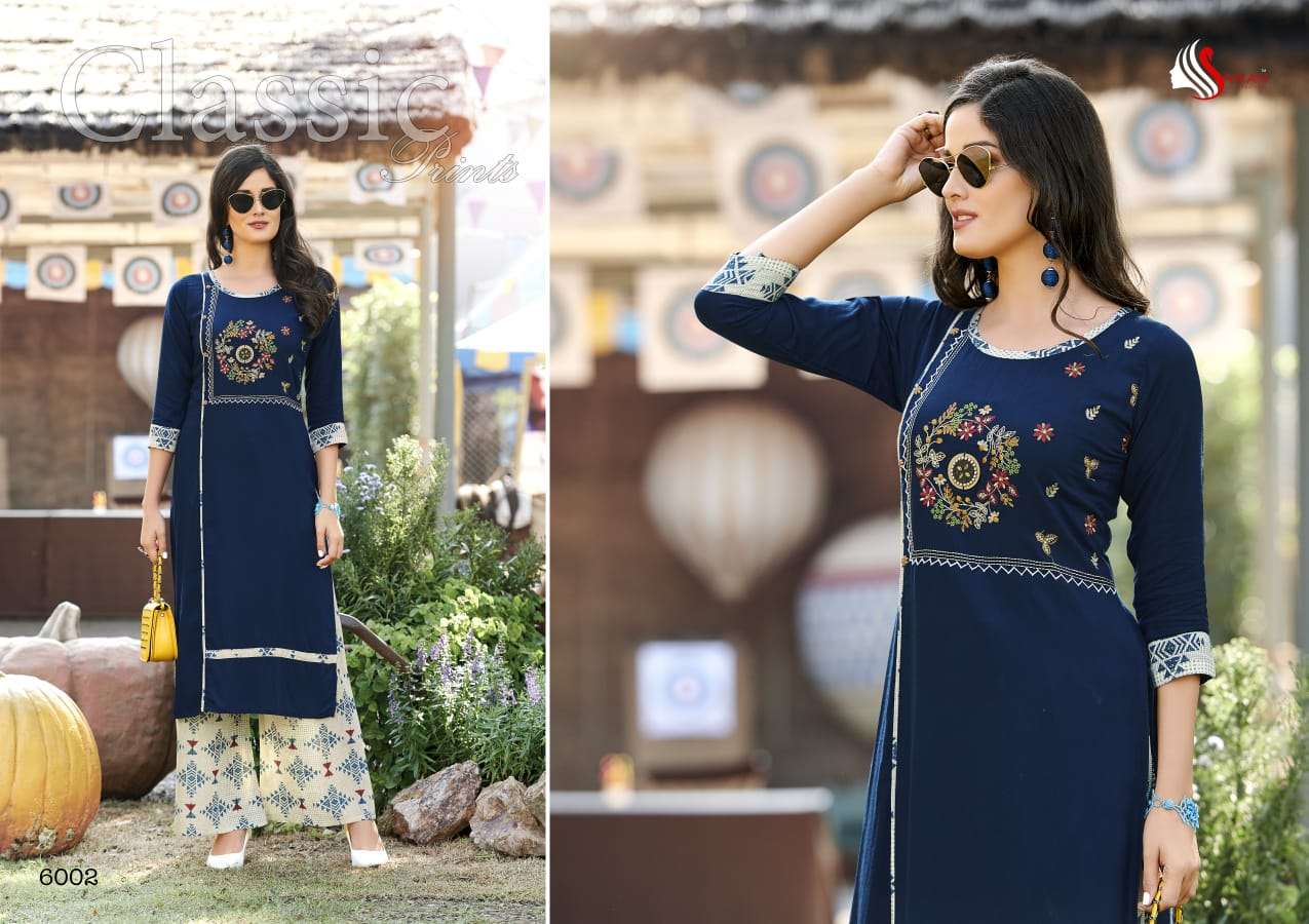 DANI VOL-6 BY SAWAN CREATION 6001 TO 6008 SERIES STYLISH FANCY COLORFUL COLLECTION CASUAL WEAR & ETHNIC WEAR PURE RAYON/LINEN EMBROIDERED KURTIS WITH BOTTOM AT WHOLESALE PRICE