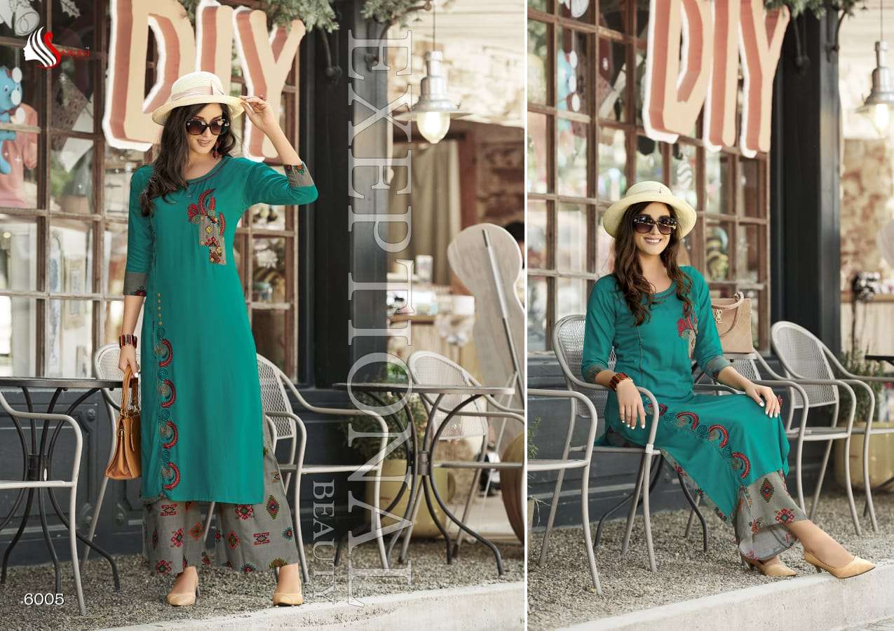 DANI VOL-6 BY SAWAN CREATION 6001 TO 6008 SERIES STYLISH FANCY COLORFUL COLLECTION CASUAL WEAR & ETHNIC WEAR PURE RAYON/LINEN EMBROIDERED KURTIS WITH BOTTOM AT WHOLESALE PRICE