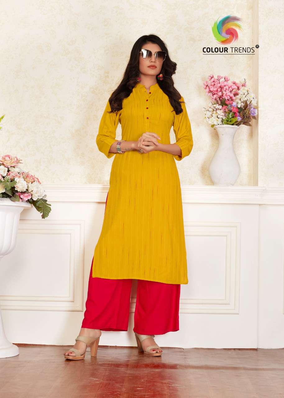 HASHTAG VOL-3 BY COLOUR TRENDS 101 TO 106 SERIES STYLISH FANCY COLORFUL COLLECTION CASUAL WEAR & ETHNIC WEAR DOBBY RAYON SLUB KURTIS WITH BOTTOM AT WHOLESALE PRICE