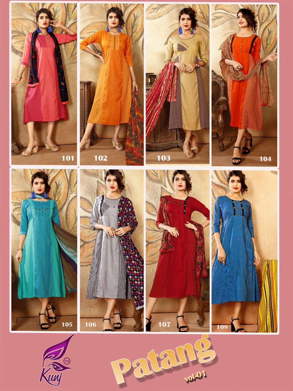 PATANG BY KUNJ 101 TO 108 SERIES BEAUTIFUL STYLISH FANCY COLORFUL CASUAL WEAR & ETHNIC WEAR REYON TWO TONE KURTIS AT WHOLESALE PRICE
