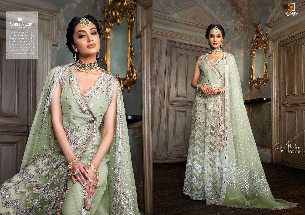 SOBIA NAZIR SPECIAL EDITION VOL-3 BY SHRADDHA DESIGNER 3001-A TO 3001-F SERIES BEAUTIFUL SUITS STYLISH FANCY COLORFUL PARTY WEAR & OCCASIONAL WEAR HEAVY BUTTERFLY NET WITH HEAVY WORK DRESSES AT WHOLESALE PRICE