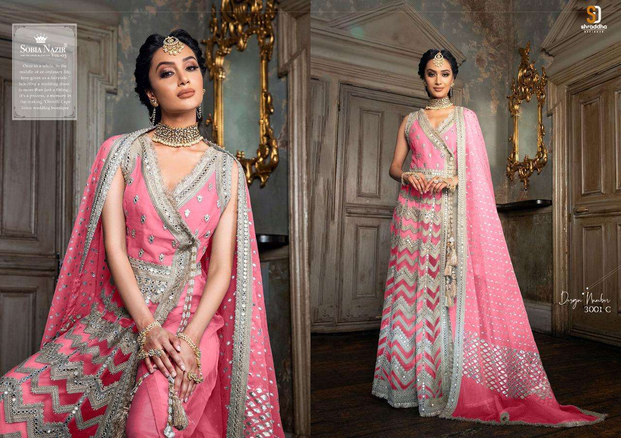 SOBIA NAZIR SPECIAL EDITION VOL-3 BY SHRADDHA DESIGNER 3001-A TO 3001-F SERIES BEAUTIFUL SUITS STYLISH FANCY COLORFUL PARTY WEAR & OCCASIONAL WEAR HEAVY BUTTERFLY NET WITH HEAVY WORK DRESSES AT WHOLESALE PRICE