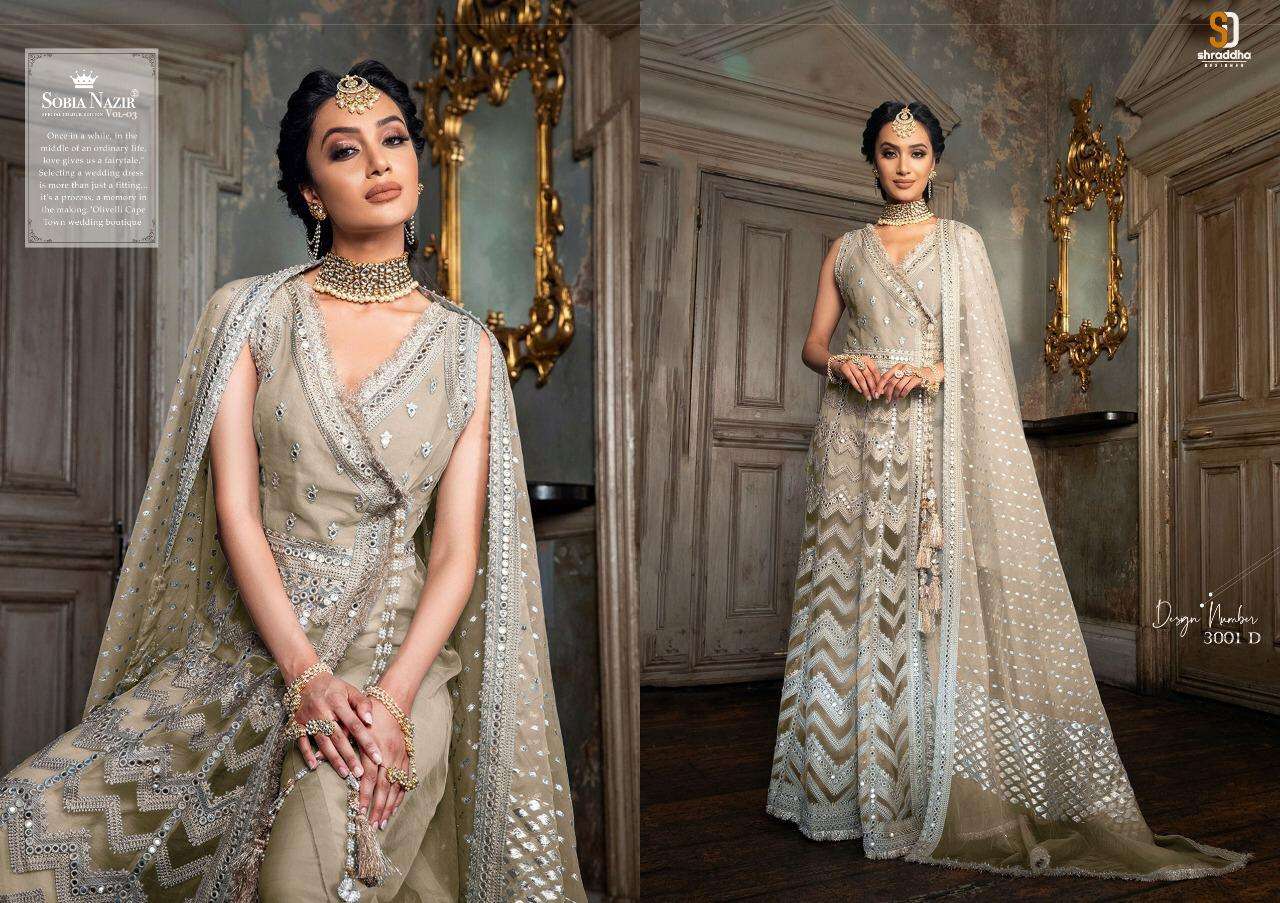 SOBIA NAZIR SPECIAL EDITION VOL-3 BY SHRADDHA DESIGNER 3001-A TO 3001-F SERIES BEAUTIFUL SUITS STYLISH FANCY COLORFUL PARTY WEAR & OCCASIONAL WEAR HEAVY BUTTERFLY NET WITH HEAVY WORK DRESSES AT WHOLESALE PRICE