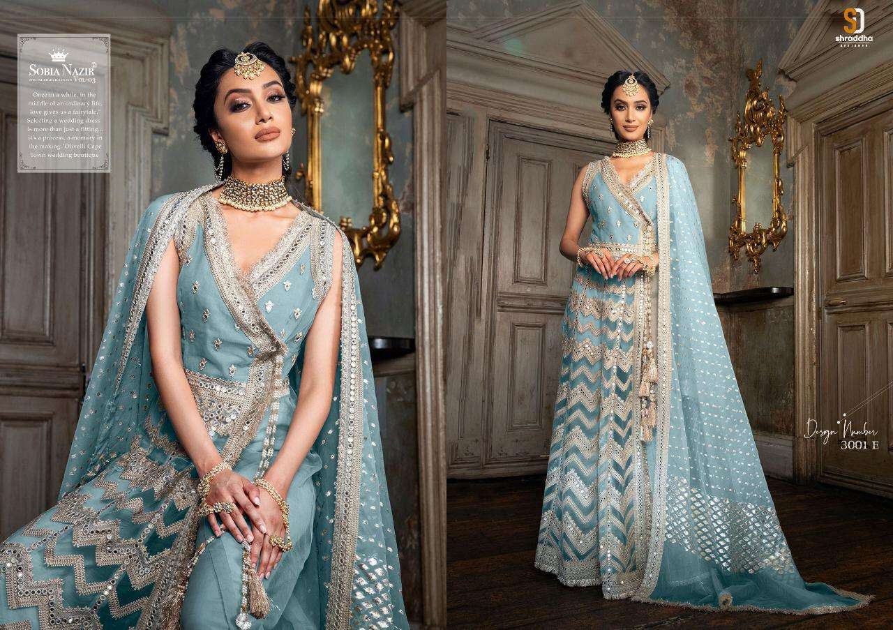 SOBIA NAZIR SPECIAL EDITION VOL-3 BY SHRADDHA DESIGNER 3001-A TO 3001-F SERIES BEAUTIFUL SUITS STYLISH FANCY COLORFUL PARTY WEAR & OCCASIONAL WEAR HEAVY BUTTERFLY NET WITH HEAVY WORK DRESSES AT WHOLESALE PRICE