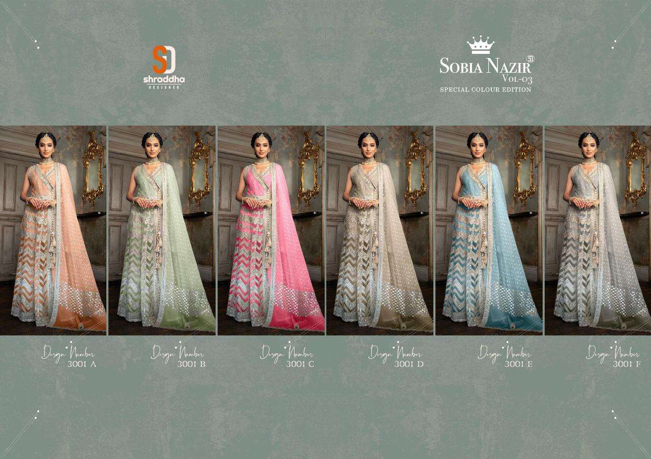 SOBIA NAZIR SPECIAL EDITION VOL-3 BY SHRADDHA DESIGNER 3001-A TO 3001-F SERIES BEAUTIFUL SUITS STYLISH FANCY COLORFUL PARTY WEAR & OCCASIONAL WEAR HEAVY BUTTERFLY NET WITH HEAVY WORK DRESSES AT WHOLESALE PRICE