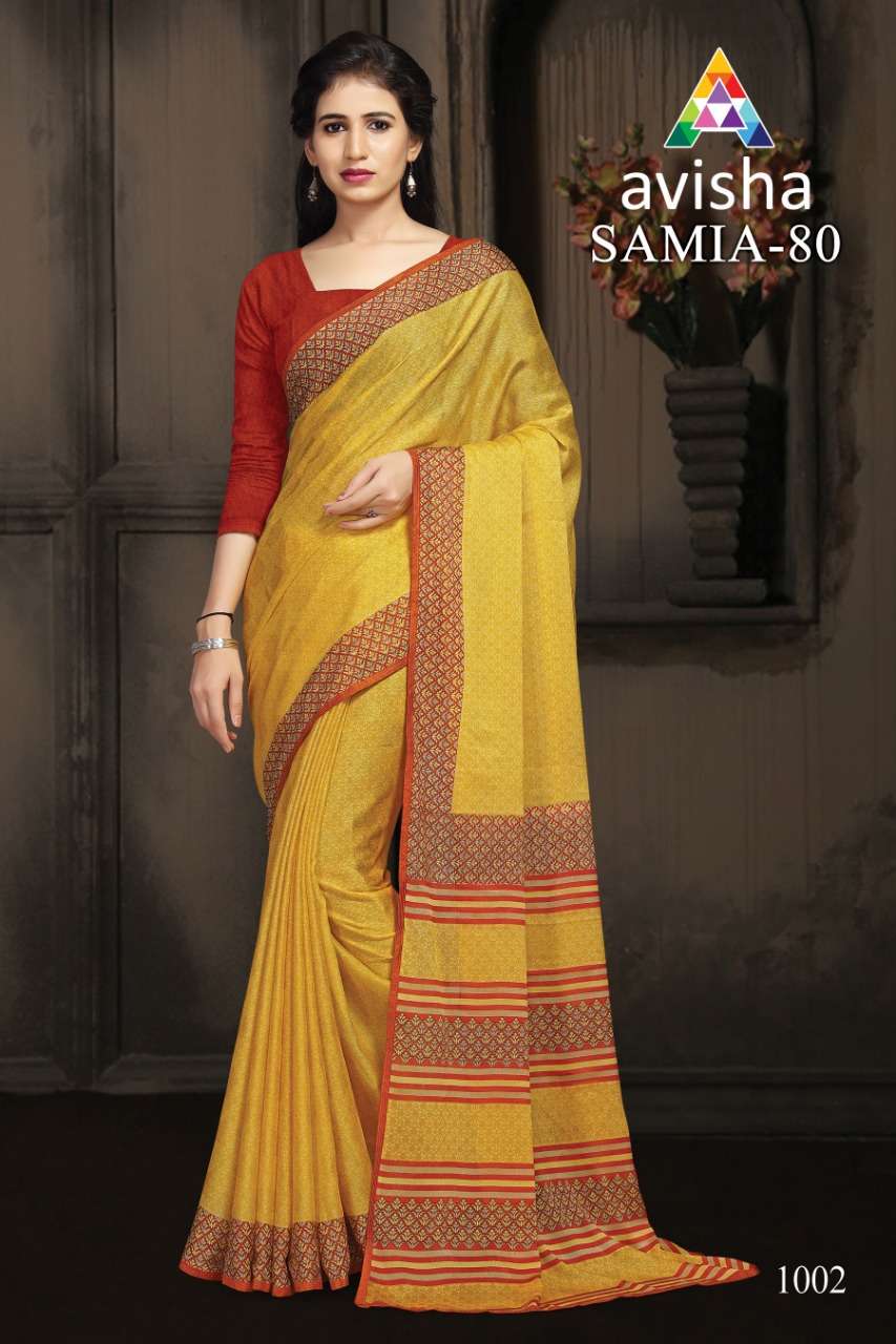 SAMIA VOL-80 BY AVISHA 1001 TO 1004 SERIES INDIAN TRADITIONAL WEAR COLLECTION BEAUTIFUL STYLISH FANCY COLORFUL PARTY WEAR & OCCASIONAL WEAR DYNA SILK SAREES AT WHOLESALE PRICE
