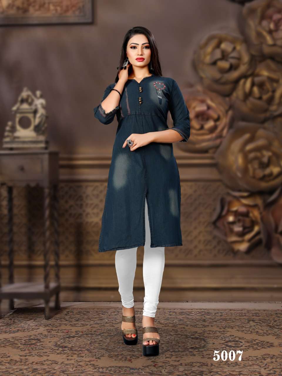 CHOKIDAR VOL-5 BY PRIVAA 5001 TO 5008 SERIES BEAUTIFUL COLORFUL STYLISH FANCY CASUAL WEAR & ETHNIC WEAR & READY TO WEAR DENIM COTTON  PRINTED KURTIS AT WHOLESALE PRICE