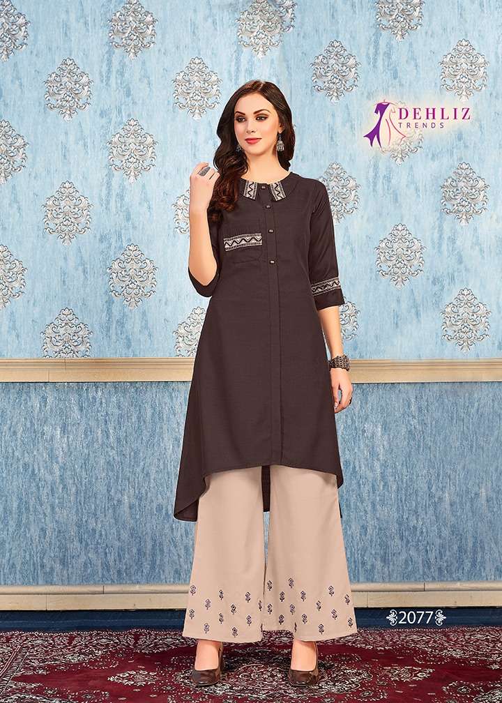 KITTY BY DEHLIZ TRENDZ 2076 TO 2081 SERIES BEAUTIFUL COLORFUL STYLISH FANCY CASUAL WEAR & ETHNIC WEAR & READY TO WEAR MAGIC SLUB WITH EMBROIDERY KURTIS AT WHOLESALE PRICE