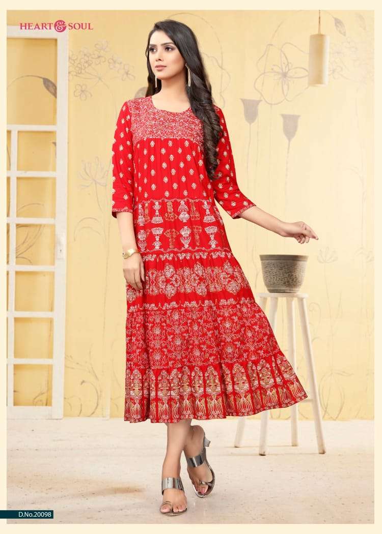 RED STORY BY HEART & SOUL 20098 TO 20102 SERIES BEAUTIFUL COLORFUL STYLISH FANCY CASUAL WEAR & ETHNIC WEAR & READY TO WEAR VISCOSE RAYON KURTIS AT WHOLESALE PRICE