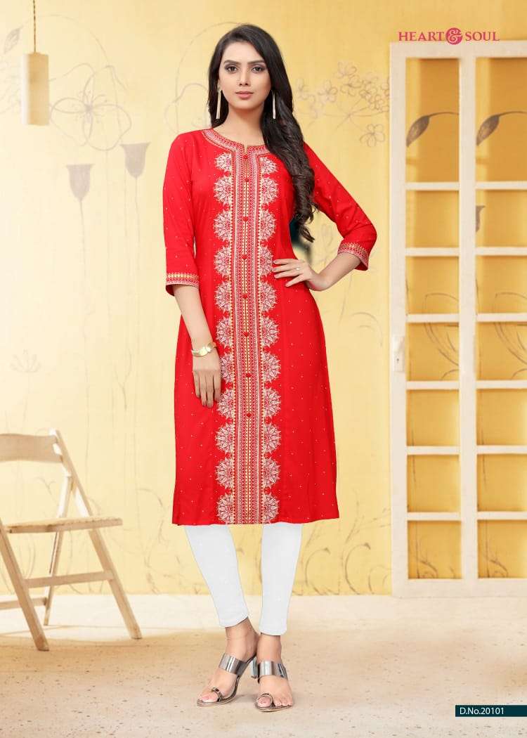 RED STORY BY HEART & SOUL 20098 TO 20102 SERIES BEAUTIFUL COLORFUL STYLISH FANCY CASUAL WEAR & ETHNIC WEAR & READY TO WEAR VISCOSE RAYON KURTIS AT WHOLESALE PRICE