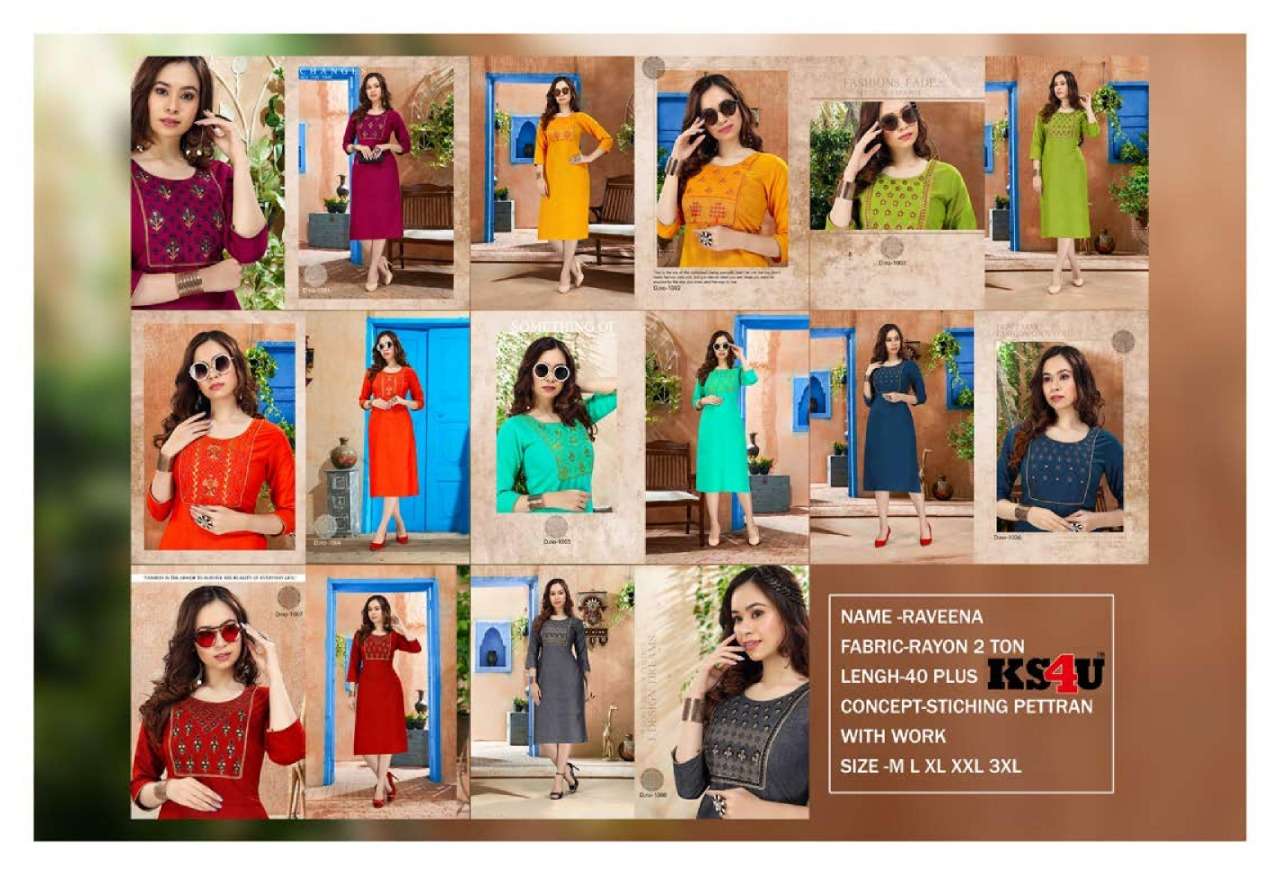 RAVEENA BY KS4U 1001 TO 1008 SERIES BEAUTIFUL COLORFUL STYLISH FANCY CASUAL WEAR & ETHNIC WEAR & READY TO WEAR RAYON TWO TONE KURTIS AT WHOLESALE PRICE