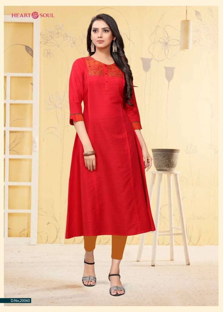 SARAH BY HEART & SOUL 20058 TO 20063 SERIES BEAUTIFUL COLORFUL STYLISH FANCY CASUAL WEAR & ETHNIC WEAR & READY TO WEAR VISCOSE LONG SLUB KURTIS AT WHOLESALE PRICE