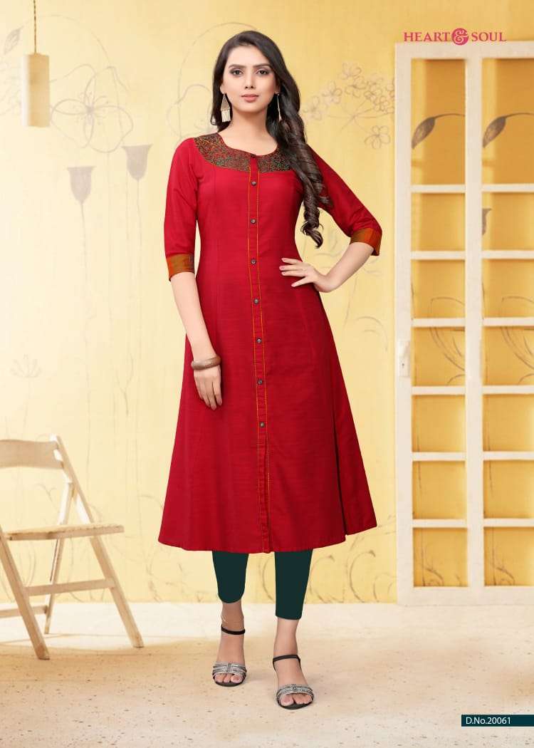 SARAH BY HEART & SOUL 20058 TO 20063 SERIES BEAUTIFUL COLORFUL STYLISH FANCY CASUAL WEAR & ETHNIC WEAR & READY TO WEAR VISCOSE LONG SLUB KURTIS AT WHOLESALE PRICE