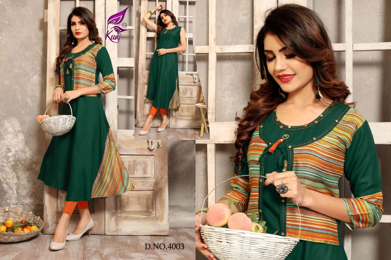 LAHARIYA VOL-4 BY KUNJ 4001 TO 4008 SERIES BEAUTIFUL COLORFUL STYLISH FANCY CASUAL WEAR & ETHNIC WEAR & READY TO WEAR HEAVY RAYON KURTIS AT WHOLESALE PRICE