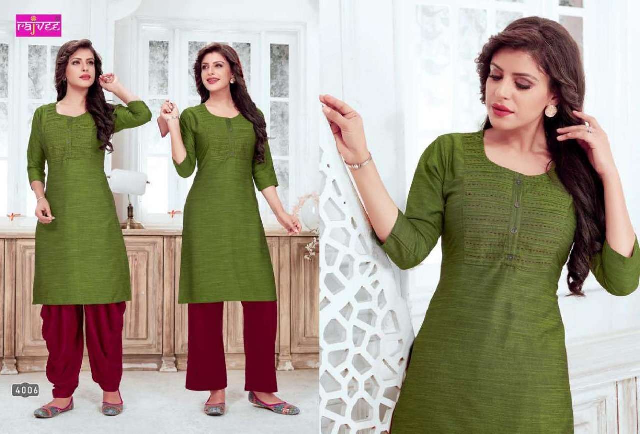 LEELA VOL-2 BY RAJVEE 4001 TO 4007 SERIES BEAUTIFUL COLORFUL STYLISH FANCY CASUAL WEAR & ETHNIC WEAR & READY TO WEAR RAYON KURTIS AT WHOLESALE PRICE