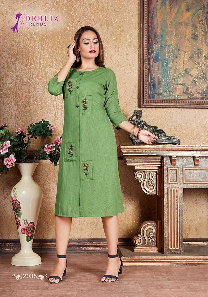 TRENDY BY DEHLIZ TRENDZ 2035 TO 2040 SERIES BEAUTIFUL COLORFUL STYLISH FANCY CASUAL WEAR & ETHNIC WEAR & READY TO WEAR PREMIUM RAYON EMBROIDERED KURTIS AT WHOLESALE PRICE