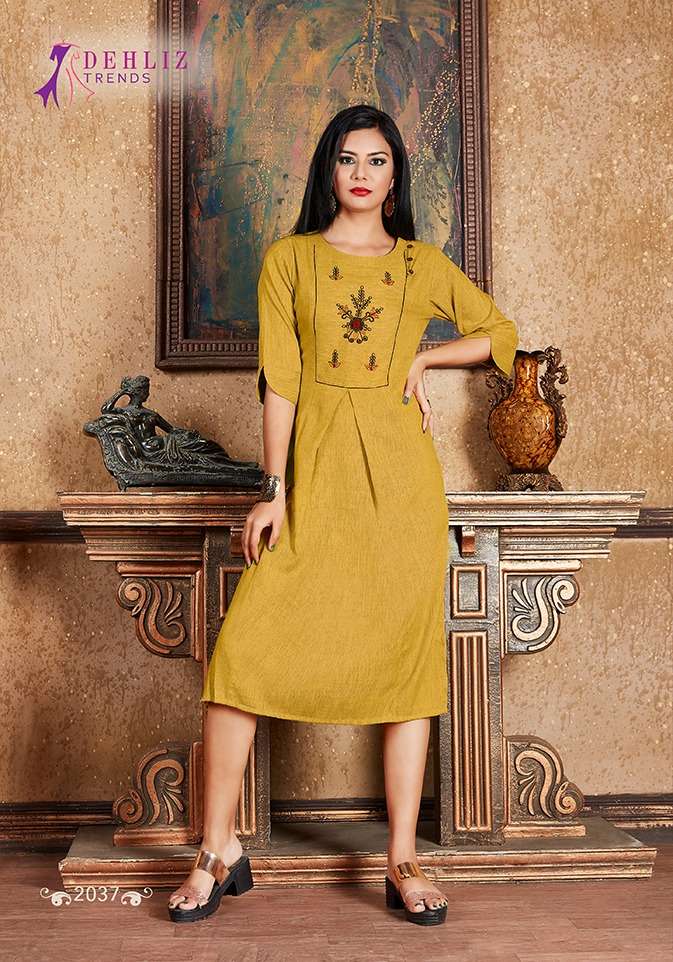 TRENDY BY DEHLIZ TRENDZ 2035 TO 2040 SERIES BEAUTIFUL COLORFUL STYLISH FANCY CASUAL WEAR & ETHNIC WEAR & READY TO WEAR PREMIUM RAYON EMBROIDERED KURTIS AT WHOLESALE PRICE