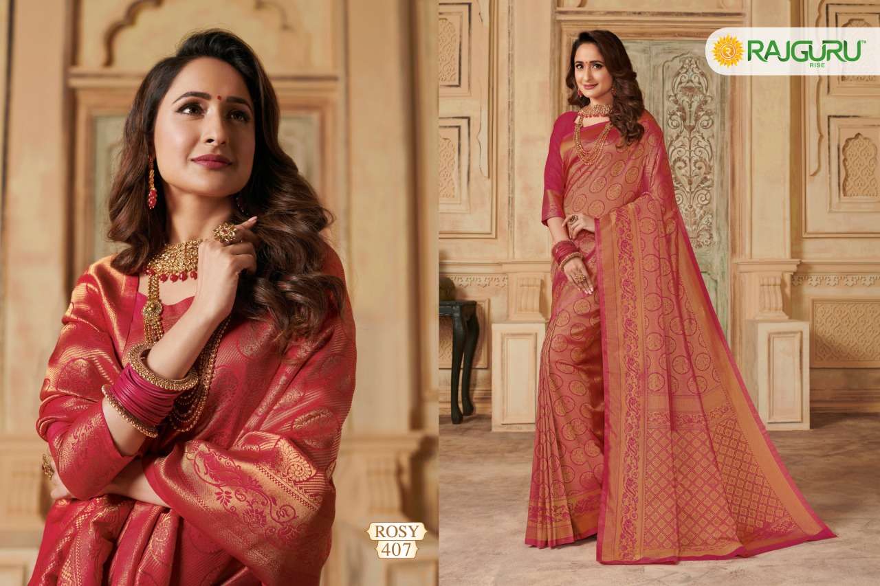 ROSY BY RAJGURU 401 TO 414 SERIES INDIAN TRADITIONAL WEAR COLLECTION BEAUTIFUL STYLISH FANCY COLORFUL PARTY WEAR & OCCASIONAL WEAR PURE KANJIVARAM SILK PRINTED SAREES AT WHOLESALE PRICE