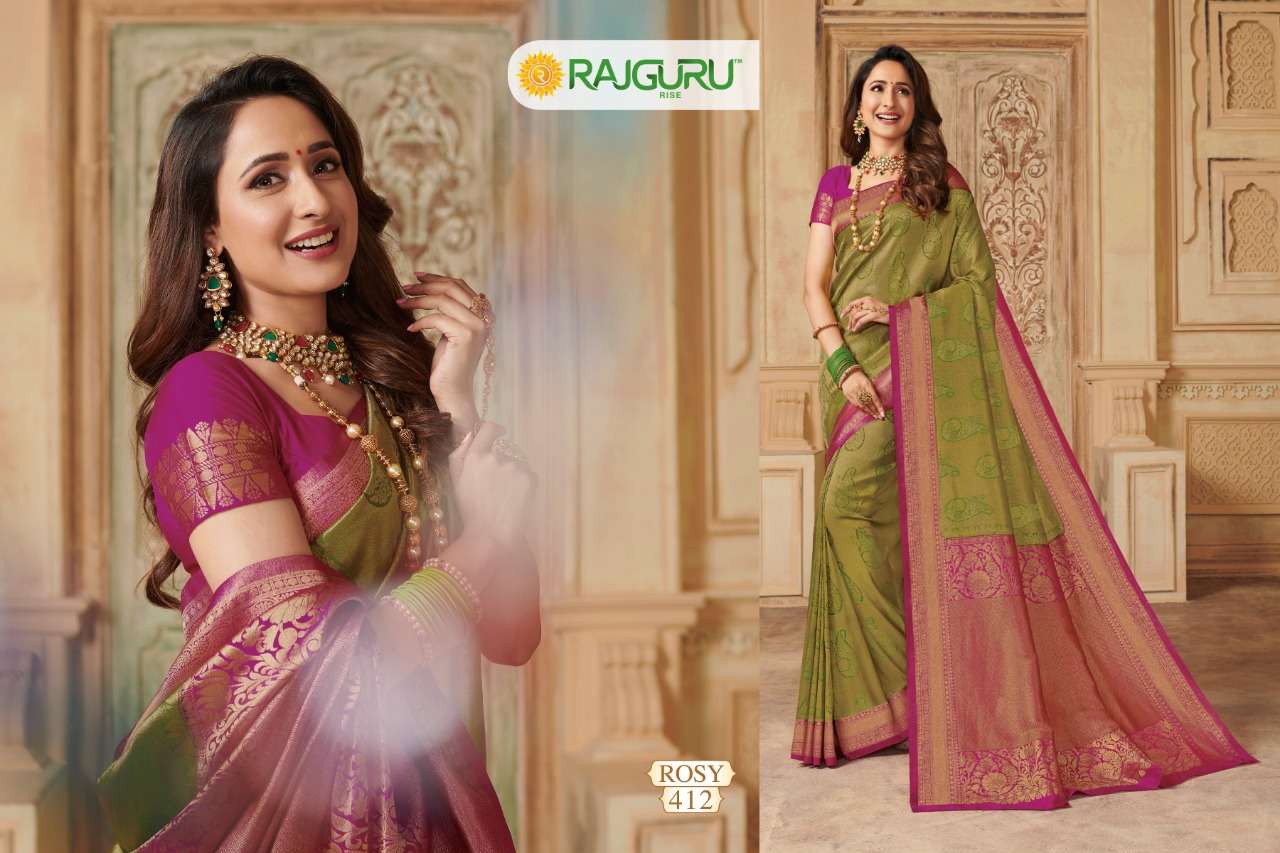 ROSY BY RAJGURU 401 TO 414 SERIES INDIAN TRADITIONAL WEAR COLLECTION BEAUTIFUL STYLISH FANCY COLORFUL PARTY WEAR & OCCASIONAL WEAR PURE KANJIVARAM SILK PRINTED SAREES AT WHOLESALE PRICE