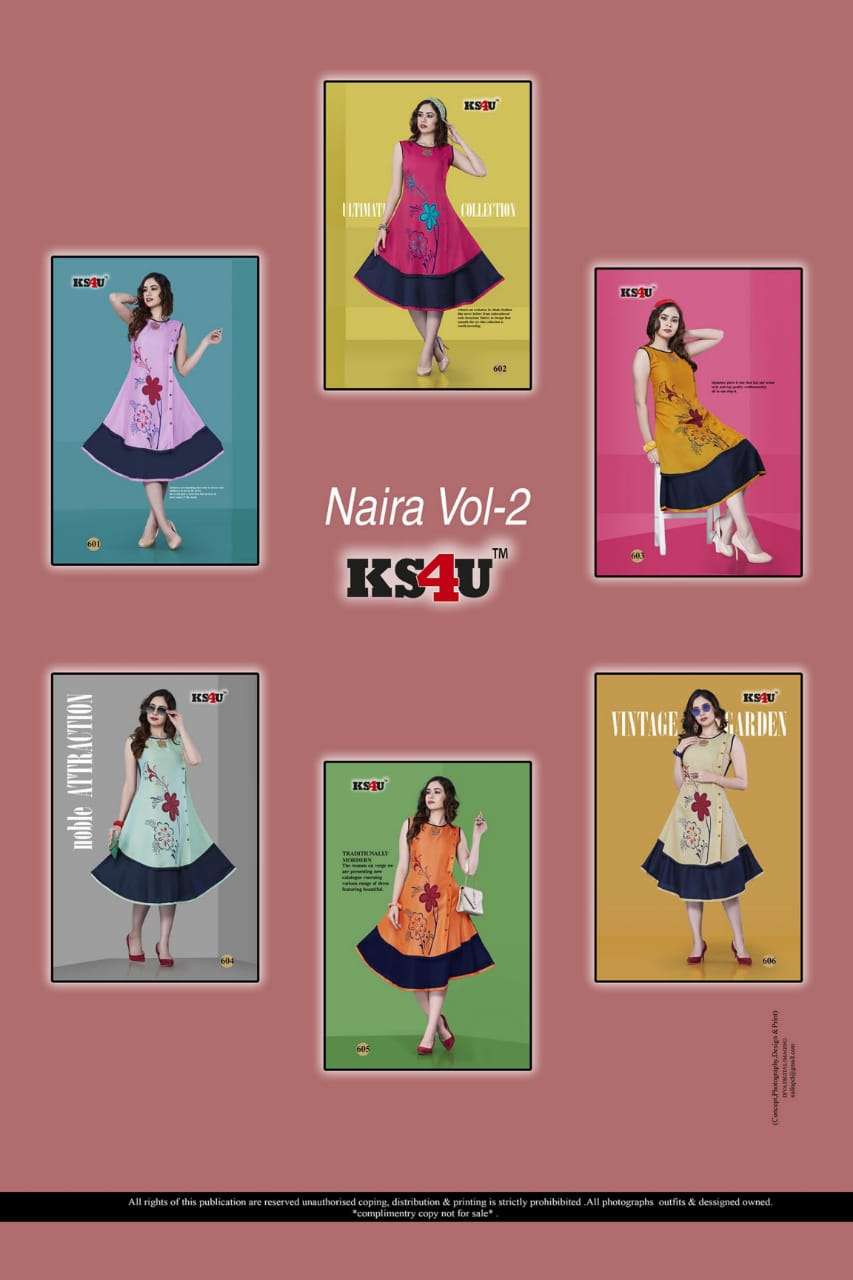 NAIRA VOL-2 BY KS4U 601 TO 606 SERIES BEAUTIFUL COLORFUL STYLISH FANCY CASUAL WEAR & ETHNIC WEAR & READY TO WEAR RAYON 14 KG KURTIS AT WHOLESALE PRICE