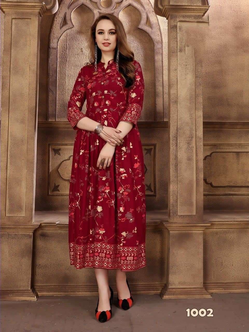 KITTI PARTY VOL-1 BY FABFIRKI 1001 TO 1010 SERIES BEAUTIFUL STYLISH FANCY COLORFUL CASUAL WEAR & ETHNIC WEAR & READY TO WEAR HEAVY RAYON DIGITAL PRINTED GOWNS AT WHOLESALE PRICE