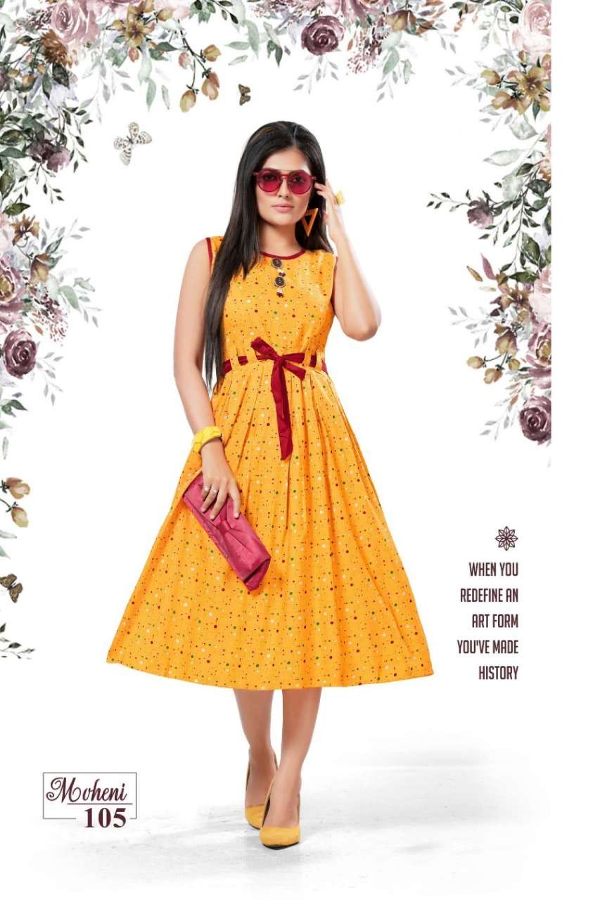 MOHENI BY KS4U 101 TO 106 SERIES BEAUTIFUL COLORFUL STYLISH FANCY CASUAL WEAR & ETHNIC WEAR & READY TO WEAR HEAVY RAYON PRINT WITH BELT KURTIS AT WHOLESALE PRICE