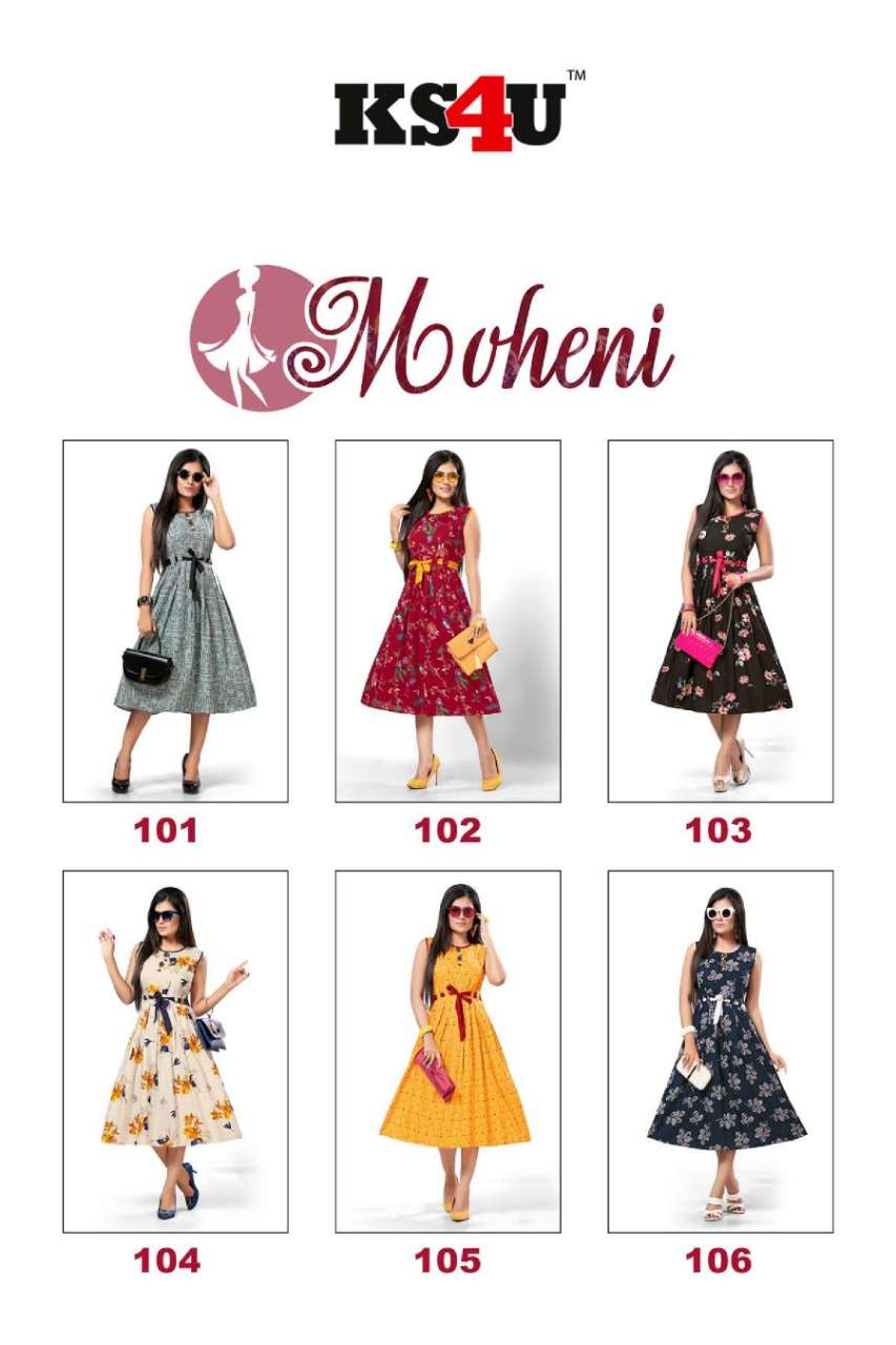 MOHENI BY KS4U 101 TO 106 SERIES BEAUTIFUL COLORFUL STYLISH FANCY CASUAL WEAR & ETHNIC WEAR & READY TO WEAR HEAVY RAYON PRINT WITH BELT KURTIS AT WHOLESALE PRICE