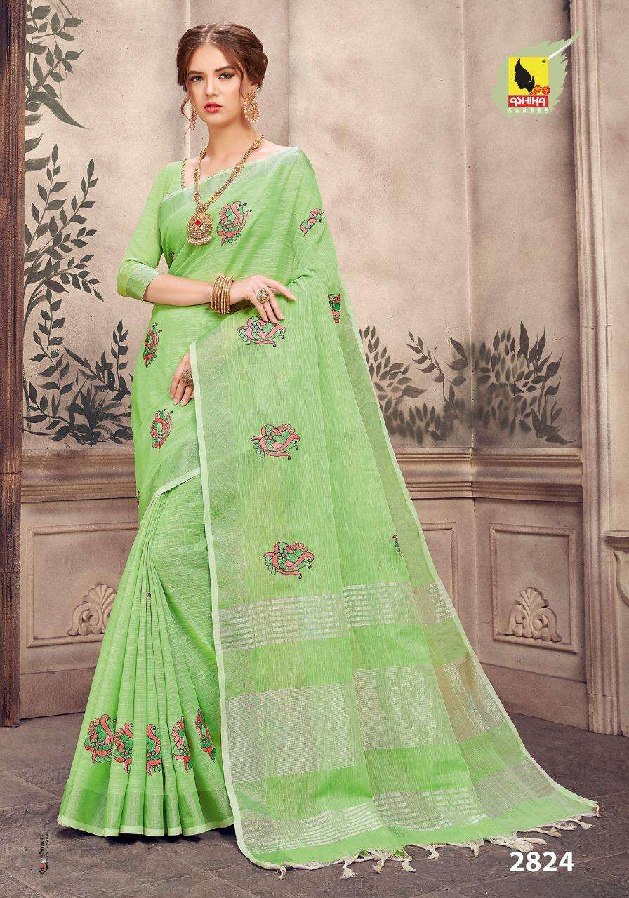 PURE LINEN EMBROIDERY VOL-2 BY ASHIKA SAREES 2821 TO 2832 SERIES INDIAN TRADITIONAL WEAR COLLECTION BEAUTIFUL STYLISH FANCY COLORFUL PARTY WEAR & OCCASIONAL WEAR LINEN SILK EMBROIDERY SAREES AT WHOLESALE PRICE